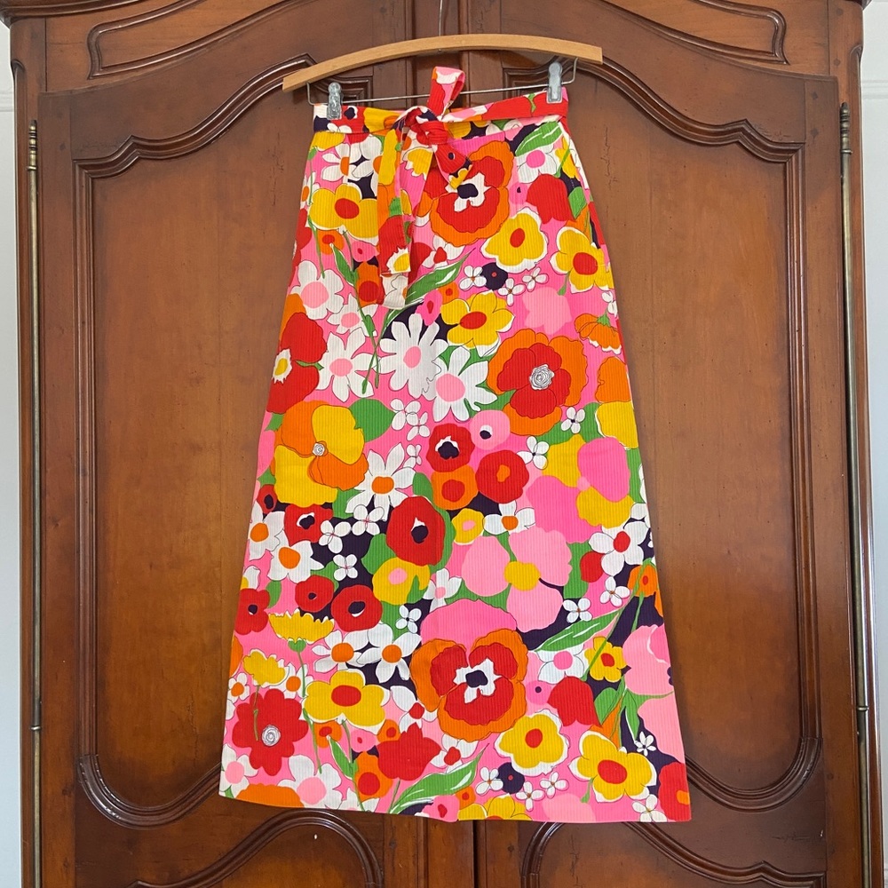 Vintage 60s 70s Psychedelic Floral Midi Maxi Skirt | Size XS